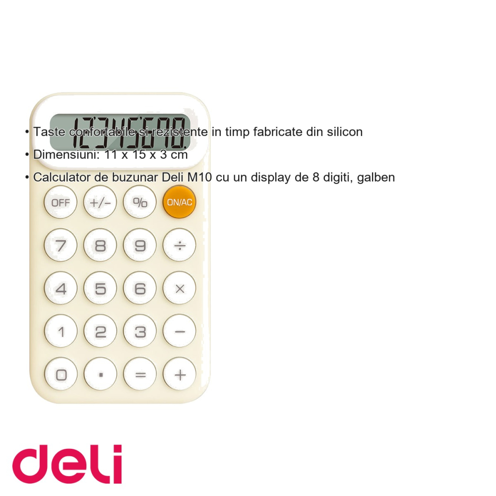 Calculator de buzunar Deli M10, display 8 digiti, galben, control cu o singura mana, portabil [3]