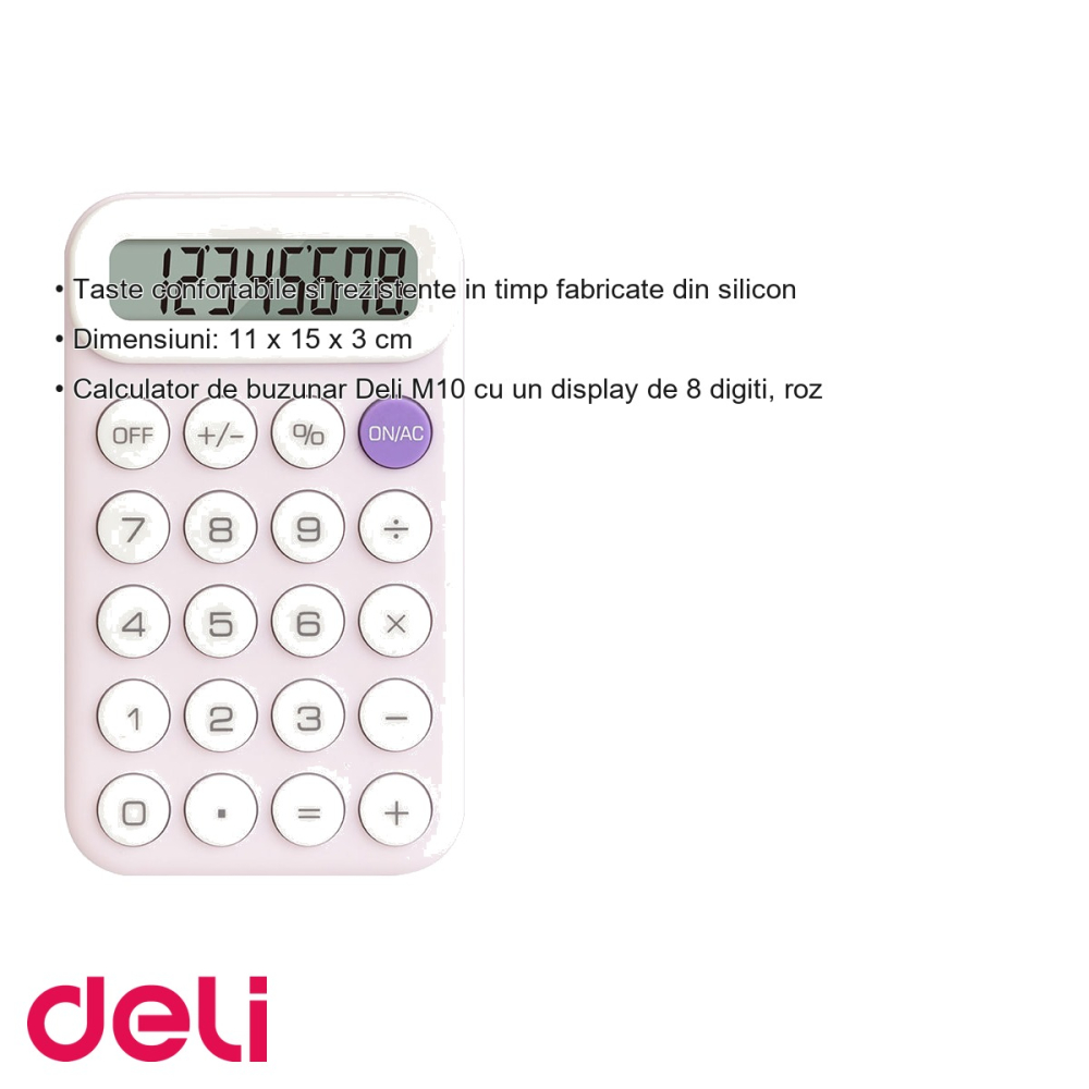 Calculator de buzunar Deli M10, display 8 digiti, roz, control cu o singura mana, portabil [3]