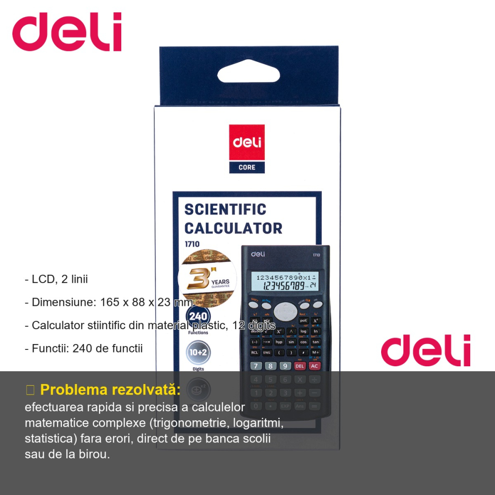 Calculator stiintific Deli, 12 digits, 240 functii, ecran LCD 2 linii, pentru elevi si studenti [2]
