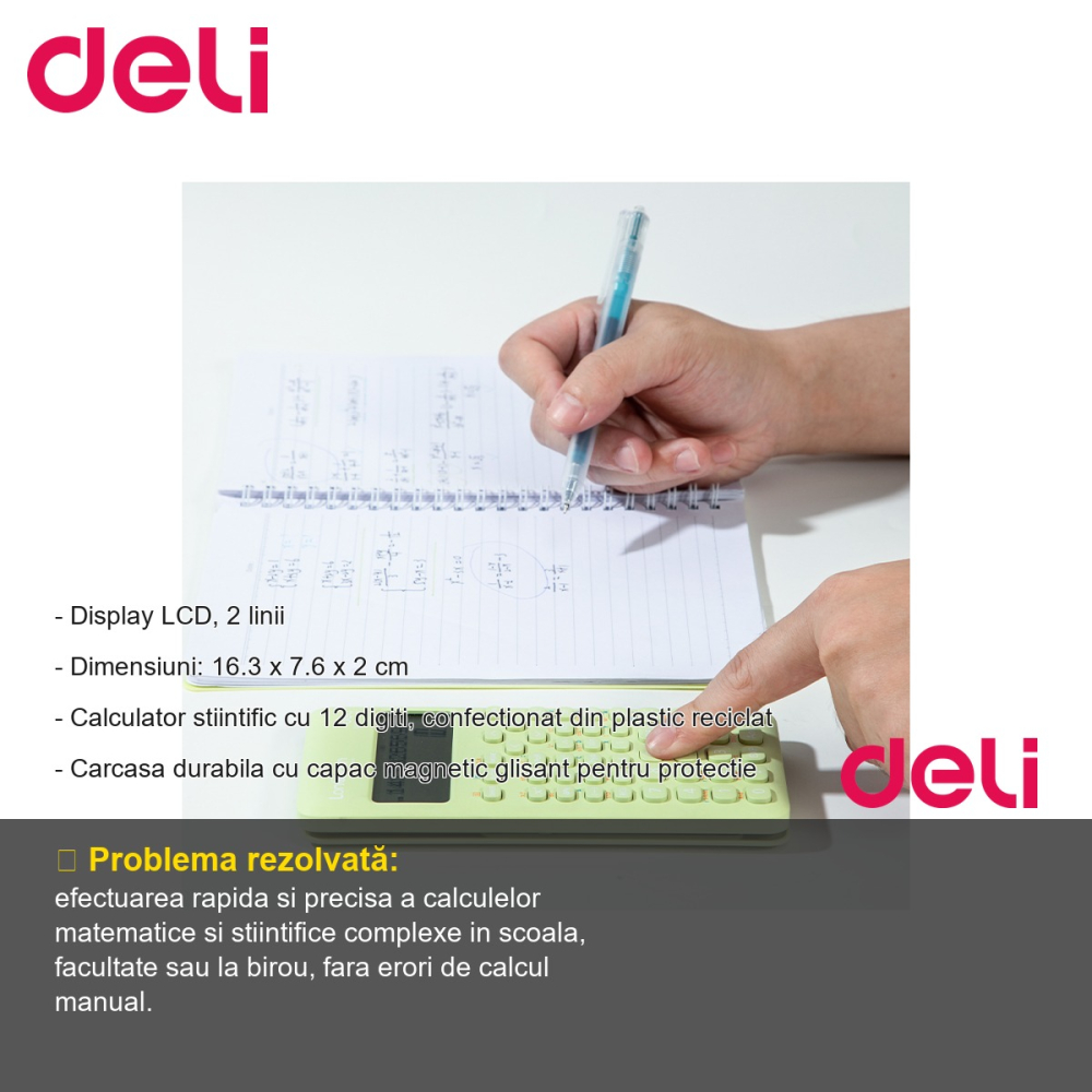 Calculator stiintific Deli, 240 functii, 12 digiti, plastic reciclat, pentru elevi si profesionisti [2]