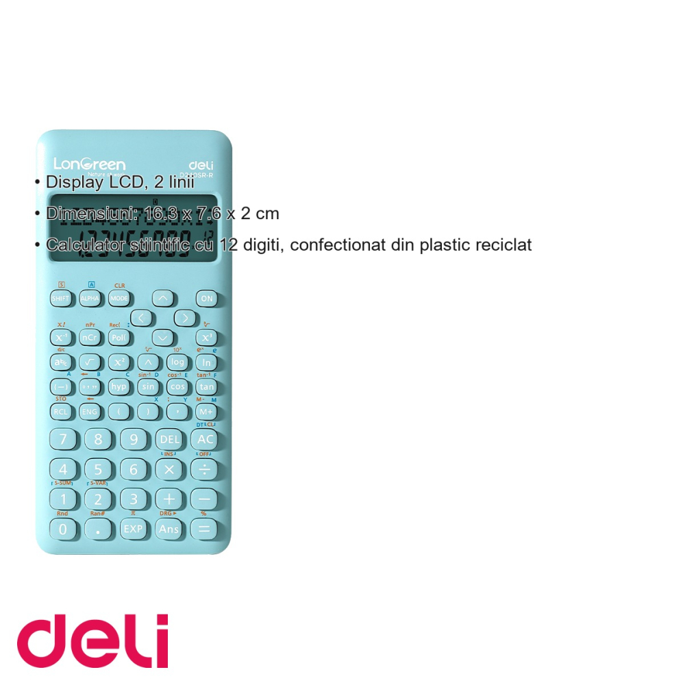 Calculator stiintific Deli, 240 functii, 12 digiti, plastic reciclat, pentru elevi si profesionisti [3]