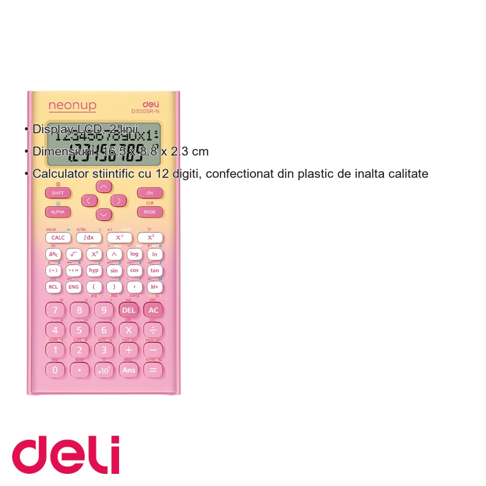 Calculator stiintific Deli 300 functii, 12 digiti, display LCD 2 linii, roz degrade, pentru elevi si studenti [3]