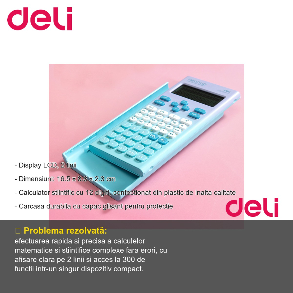 Calculator stiintific Deli 300F, 12 digiti, display LCD 2 linii, bleu degrade, pentru elevi si studenti [2]