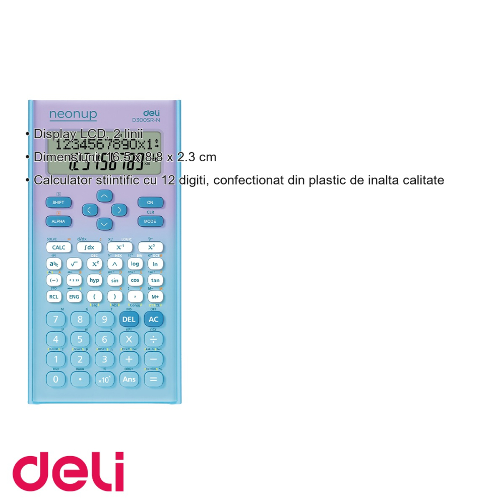 Calculator stiintific Deli 300F, 12 digiti, display LCD 2 linii, bleu degrade, pentru elevi si studenti [3]