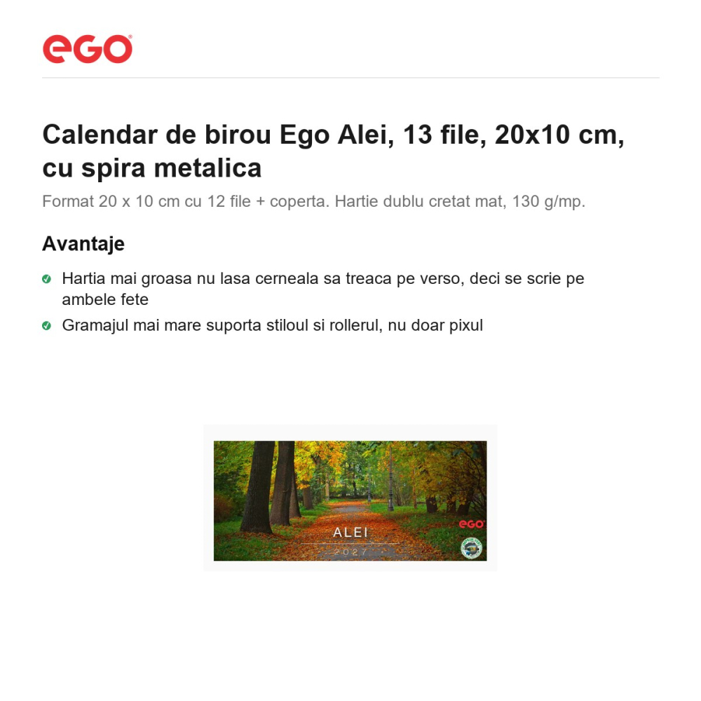 Calendar de birou Ego Alei, 13 file, 20x10 cm, cu spira metalica [2]