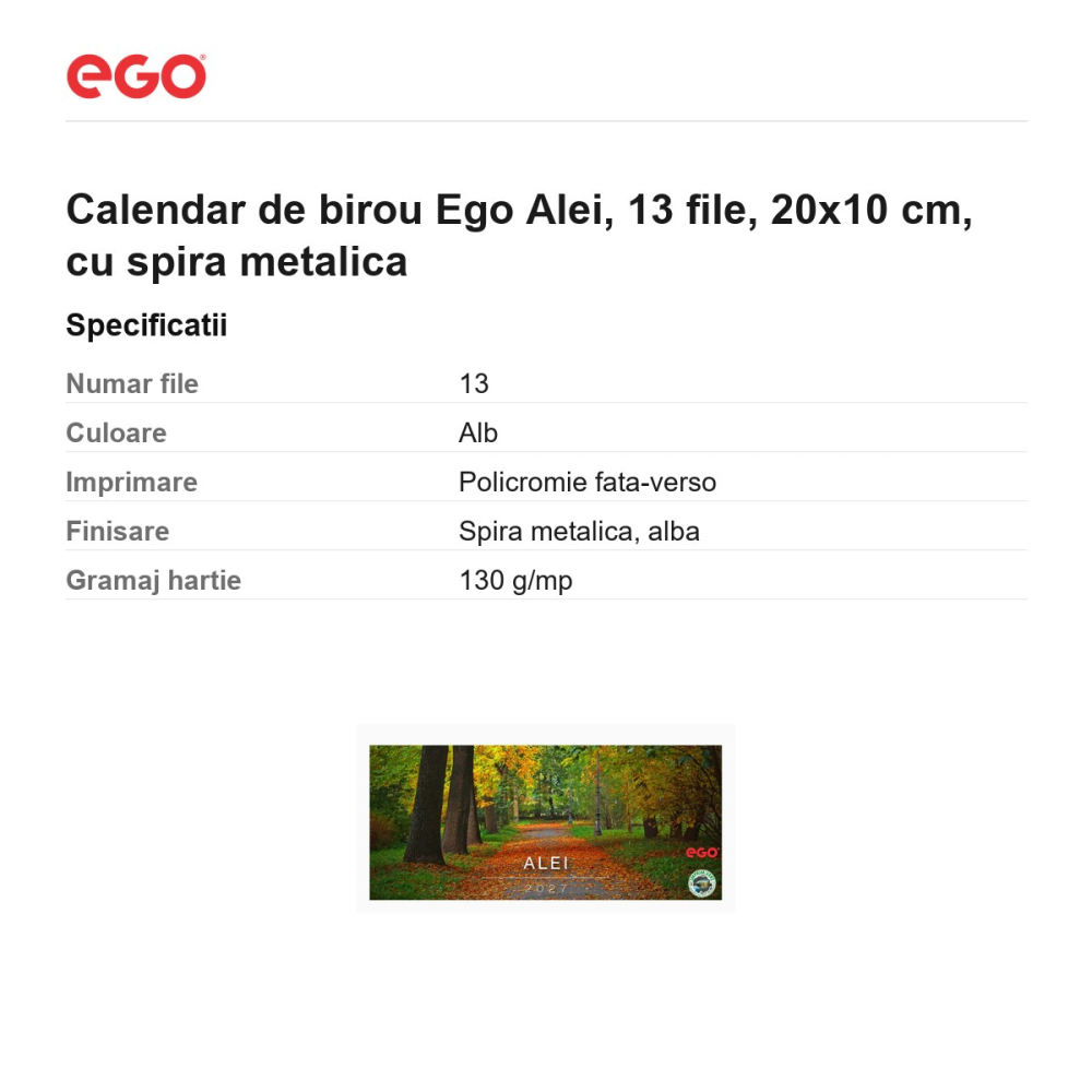 Calendar de birou Ego Alei, 13 file, 20x10 cm, cu spira metalica [3]