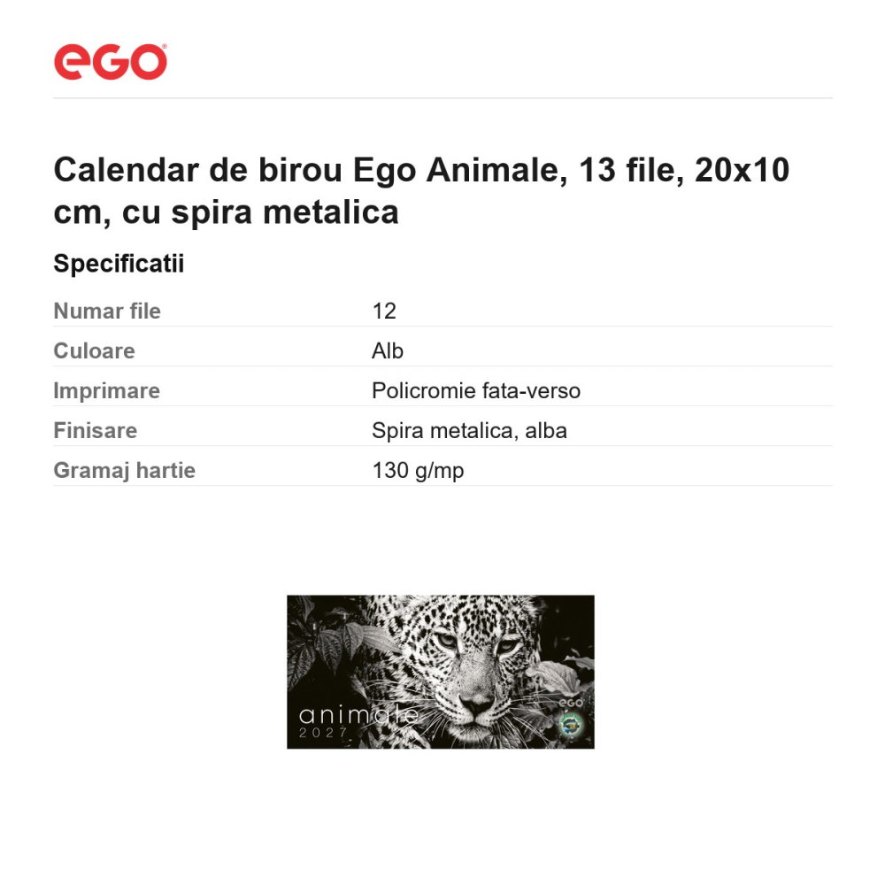 Calendar de birou Ego Animale, 13 file, 20x10 cm, cu spira metalica [3]