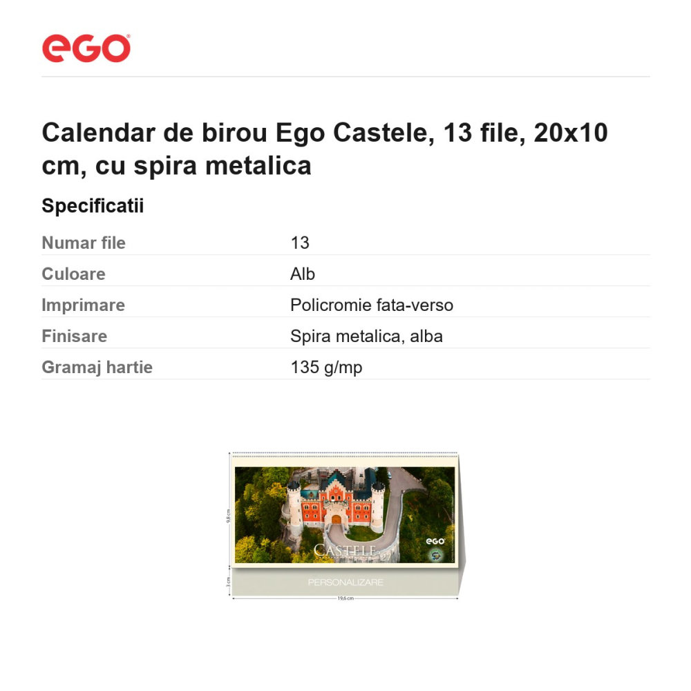 Calendar de birou Ego Castele, 13 file, 20x10 cm, cu spira metalica [3]