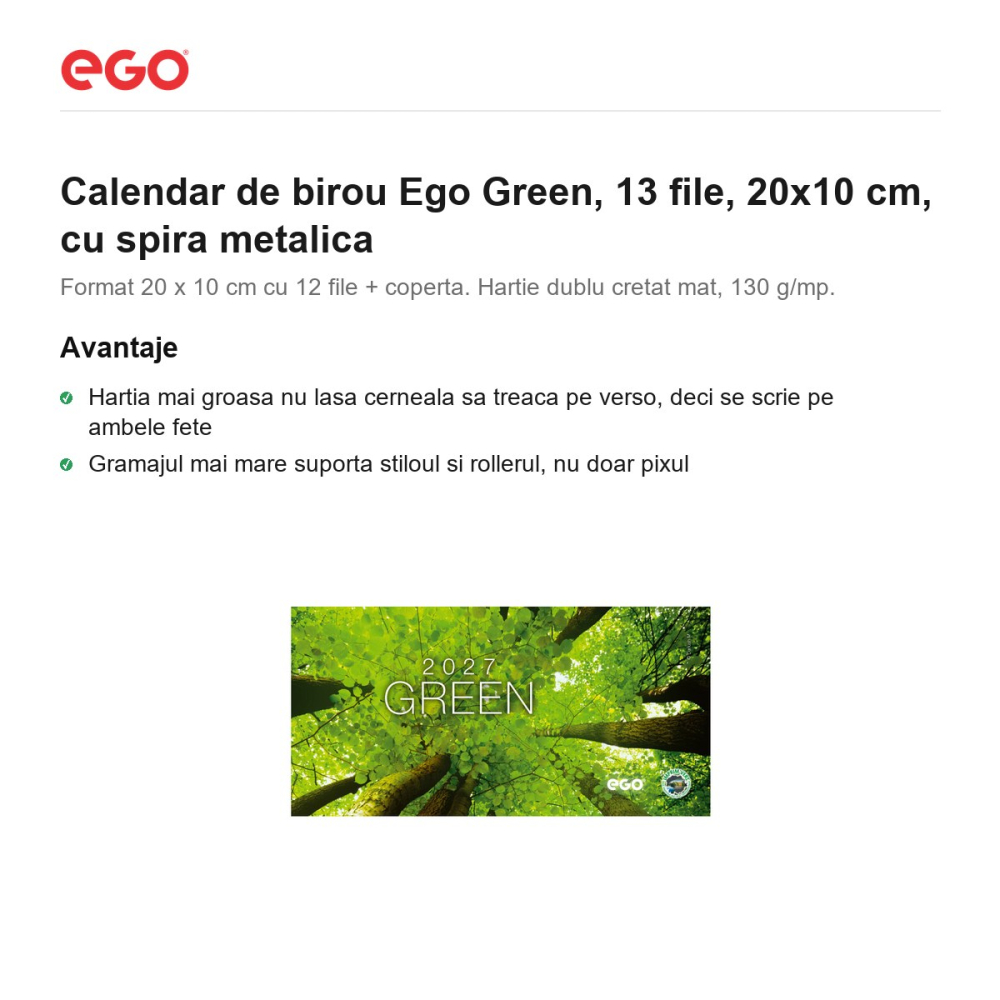 Calendar de birou Ego Green, 13 file, 20x10 cm, cu spira metalica [2]