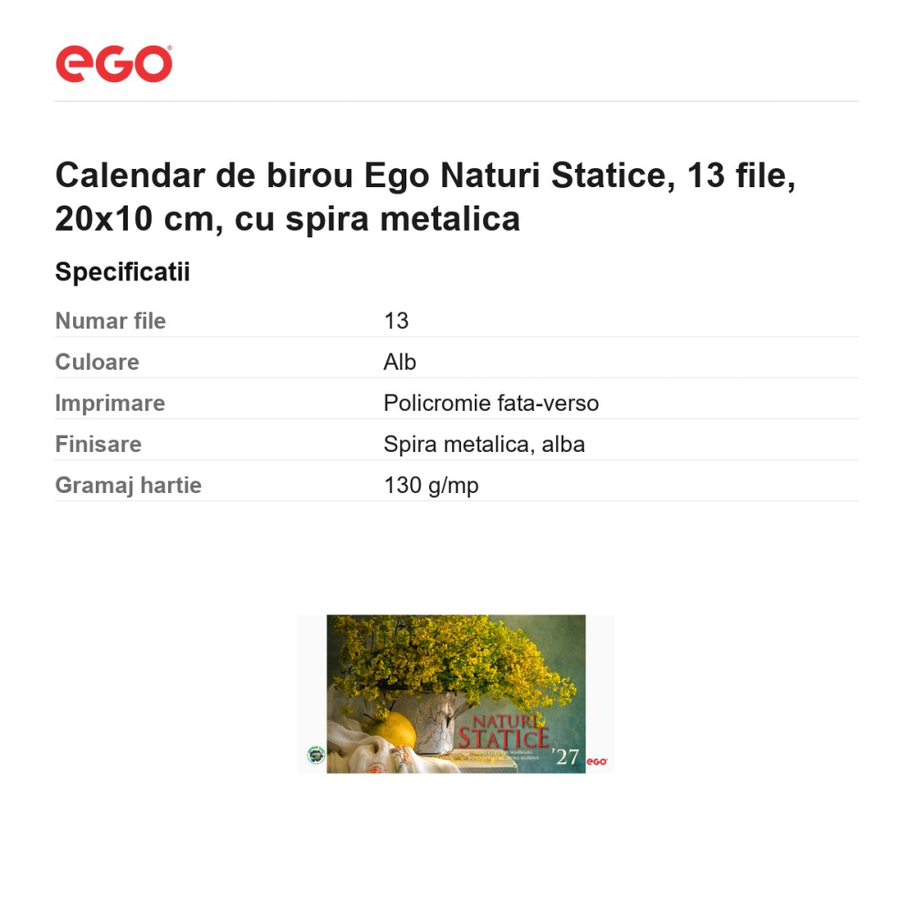 Calendar de birou Ego Naturi Statice, 13 file, 20x10 cm, cu spira metalica [3]