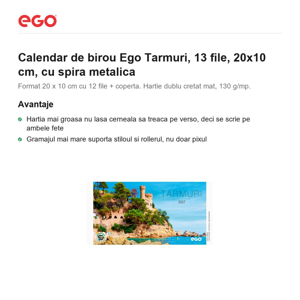 Calendar de birou Ego Tarmuri, 13 file, 20x10 cm, cu spira metalica [2]