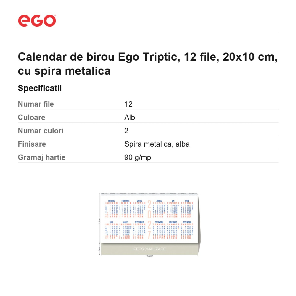 Calendar de birou Ego Triptic, 12 file, 20x10 cm, cu spira metalica [3]