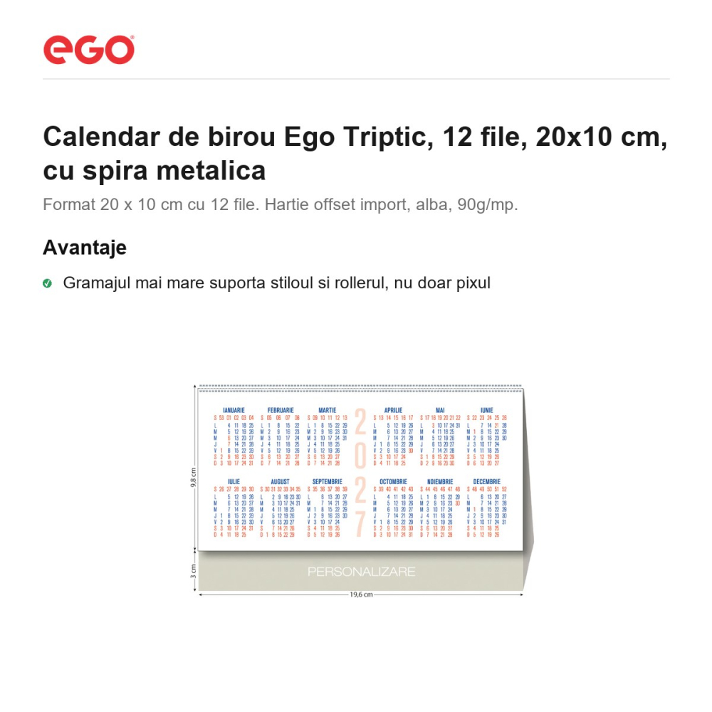 Calendar de birou Ego Triptic, 12 file, 20x10 cm, cu spira metalica [2]