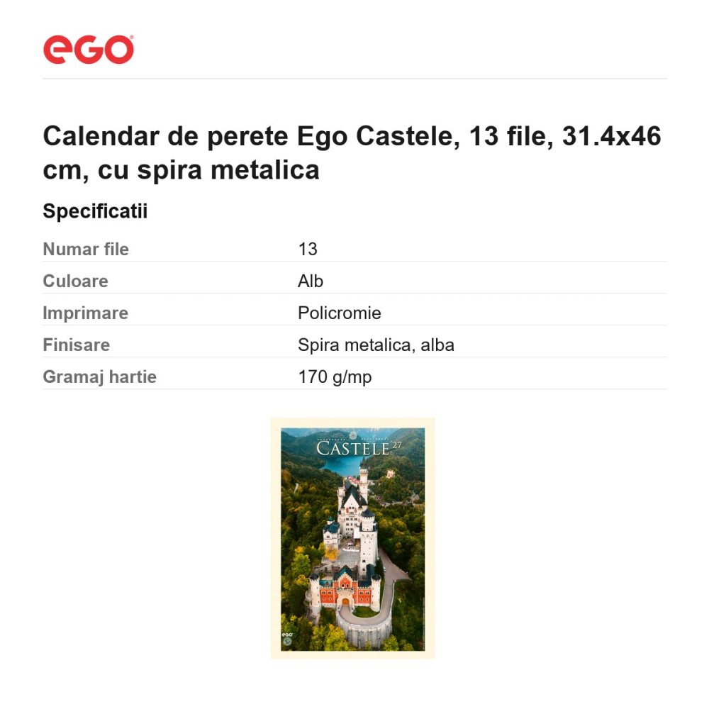 Calendar de perete Ego Castele, 13 file, 31.4x46 cm, cu spira metalica [3]