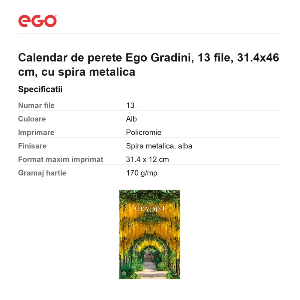 Calendar de perete Ego Gradini, 13 file, 31.4x46 cm, cu spira metalica [3]