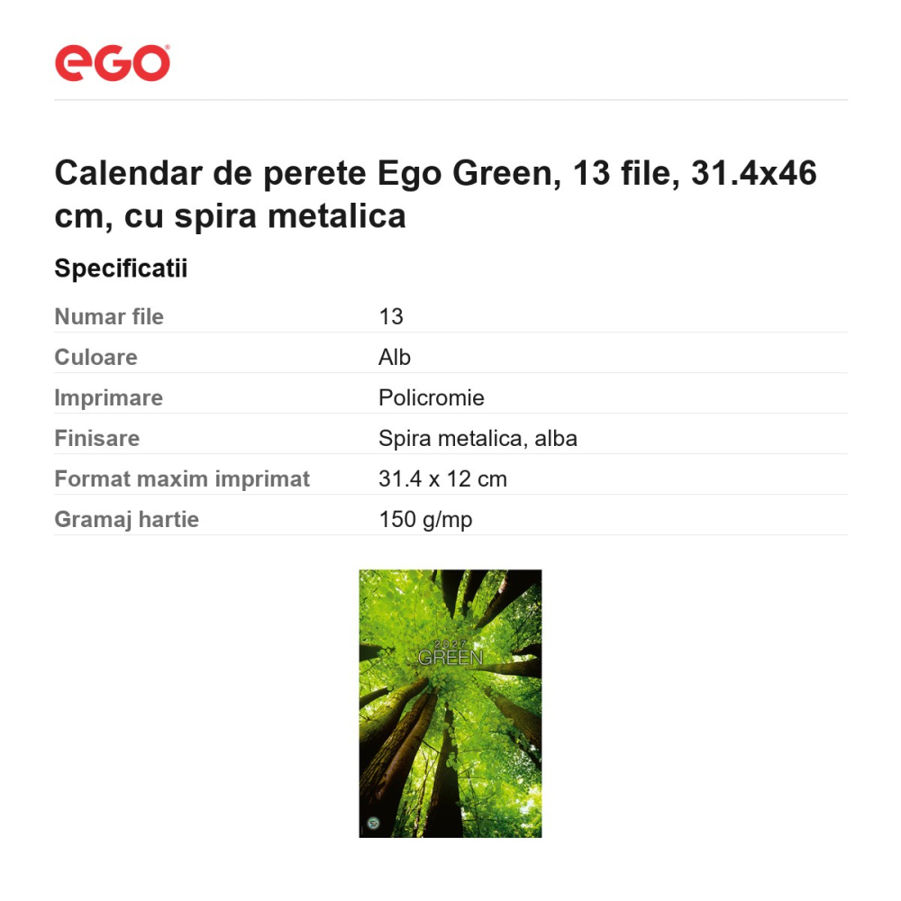 Calendar de perete Ego Green, 13 file, 31.4x46 cm, cu spira metalica [3]