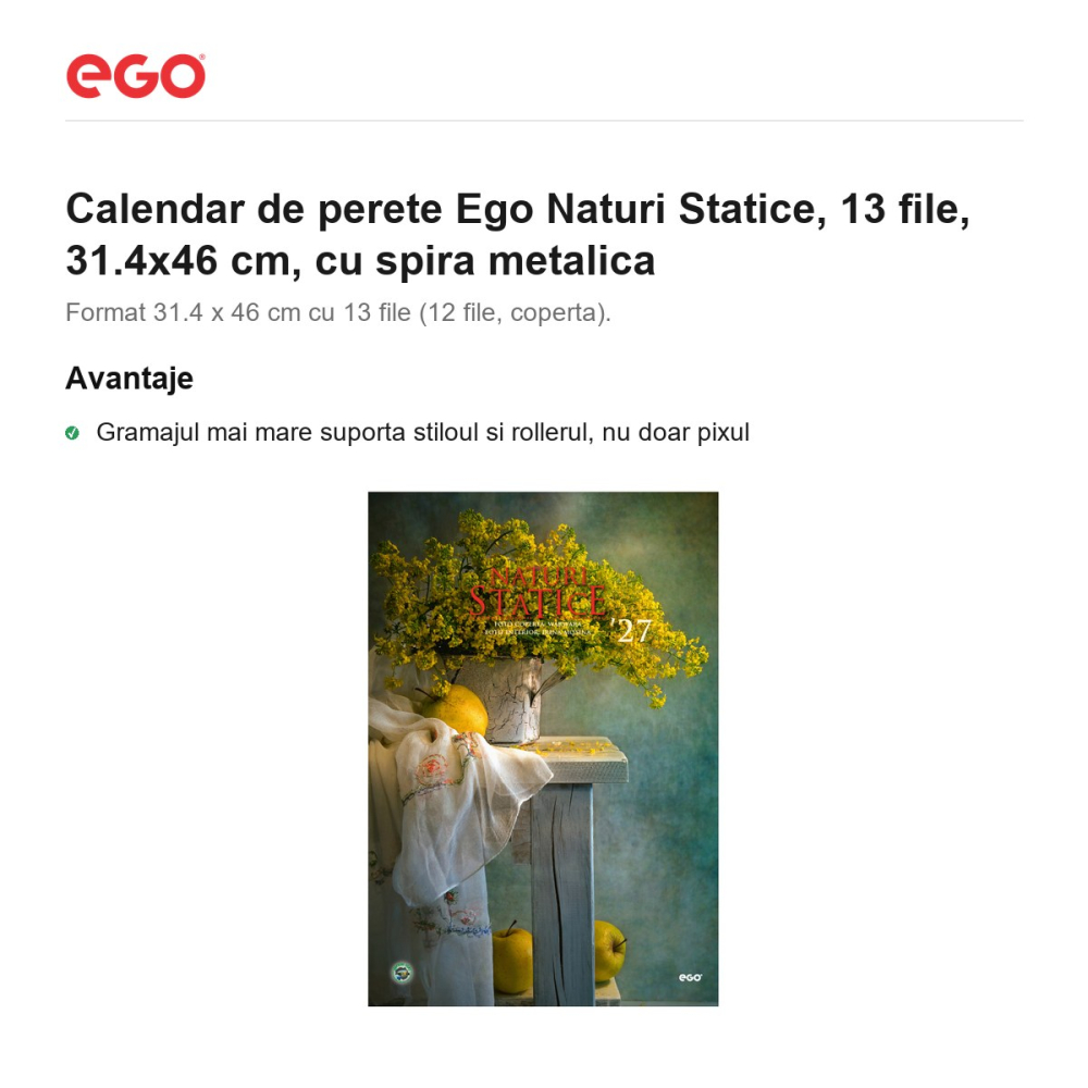 Calendar de perete Ego Naturi Statice, 13 file, 31.4x46 cm, cu spira metalica [2]