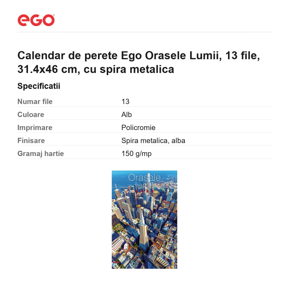 Calendar de perete Ego Orasele Lumii, 13 file, 31.4x46 cm, cu spira metalica [3]