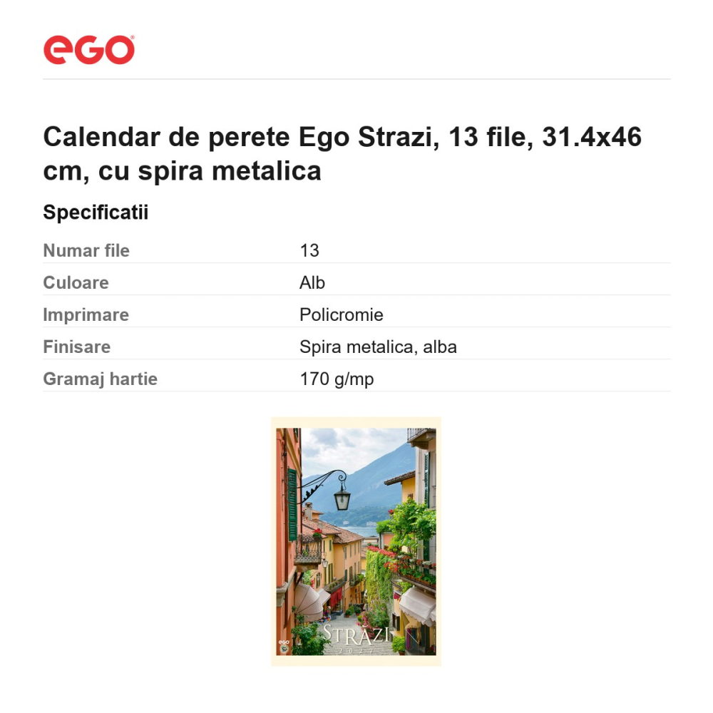 Calendar de perete Ego Strazi, 13 file, 31.4x46 cm, cu spira metalica [3]
