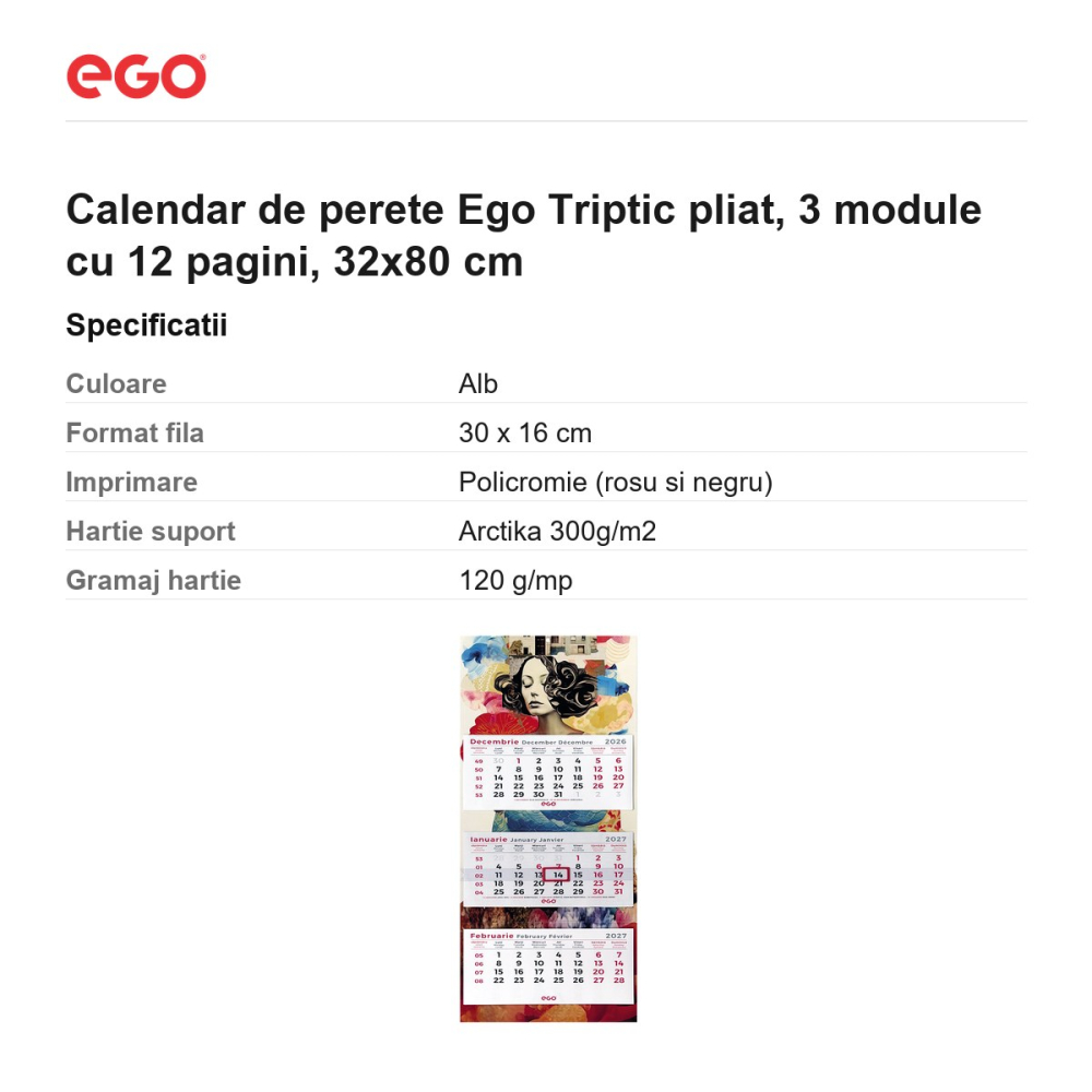 Calendar de perete Ego Triptic pliat, 3 module cu 12 pagini, 32x80 cm [3]