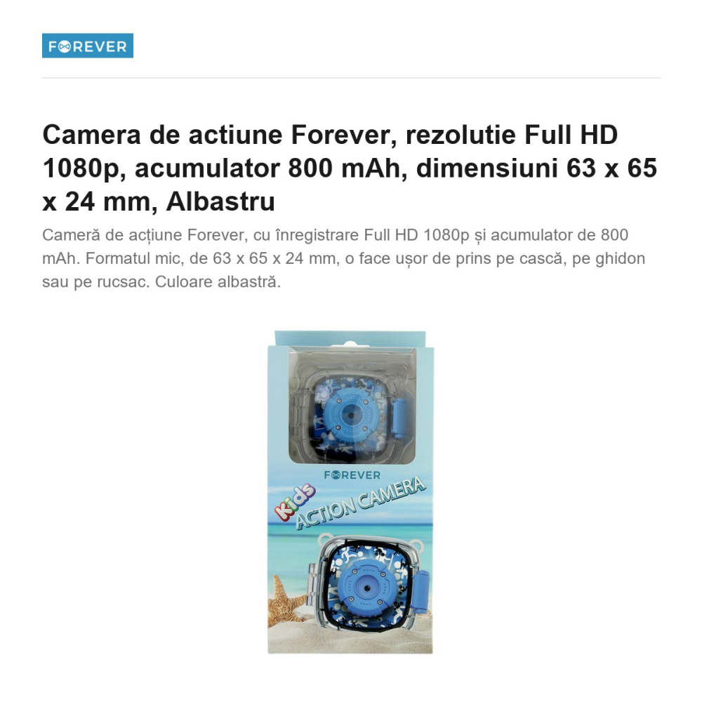 Camera de actiune Forever, rezolutie Full HD 1080p, acumulator 800 mAh, dimensiuni 63 x 65 x 24 mm, Albastru [2]