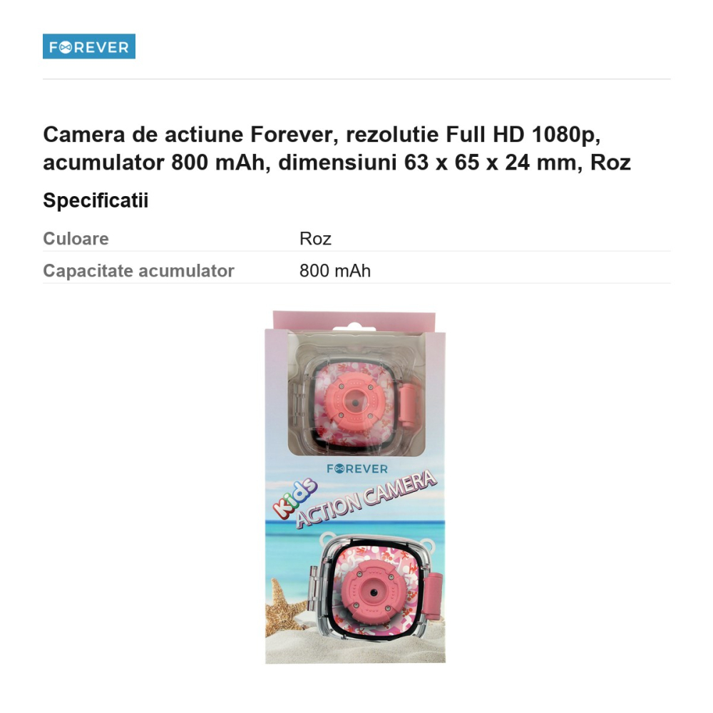 Camera de actiune Forever, rezolutie Full HD 1080p, acumulator 800 mAh, dimensiuni 63 x 65 x 24 mm, Roz [3]