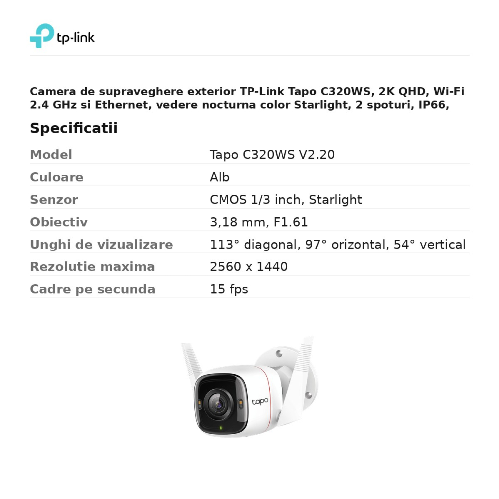 Camera de supraveghere exterior TP-Link Tapo C320WS, 2K QHD, Wi-Fi 2.4 GHz si Ethernet, vedere nocturna color Starlight, 2 spoturi, IP66, detectie AI, alb [3]