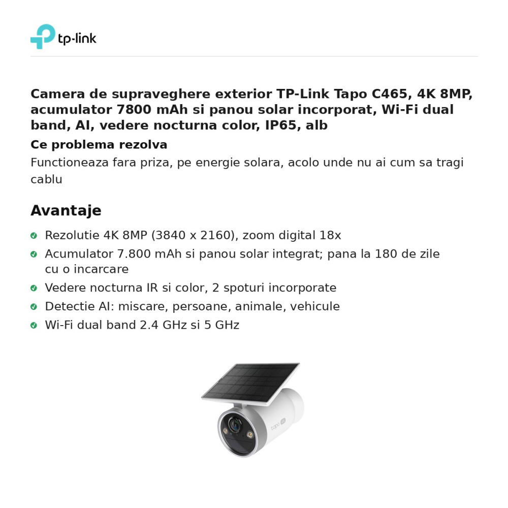 Camera de supraveghere exterior TP-Link Tapo C465, 4K 8MP, acumulator 7800 mAh si panou solar incorporat, Wi-Fi dual band, AI, vedere nocturna color, IP65, alb [2]