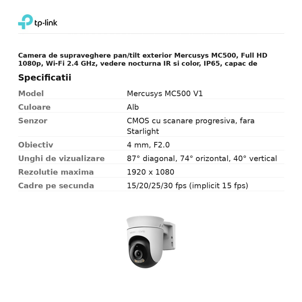 Camera de supraveghere pan/tilt exterior Mercusys MC500, Full HD 1080p, Wi-Fi 2.4 GHz, vedere nocturna IR si color, IP65, capac de confidentialitate, alb [3]