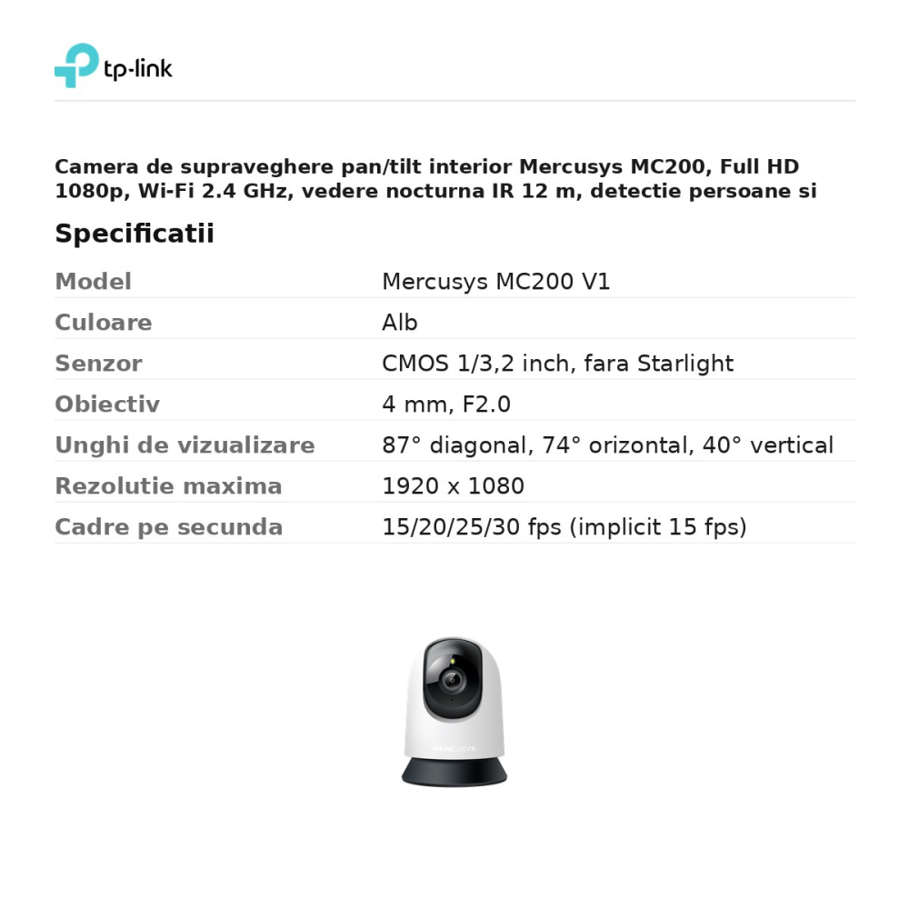 Camera de supraveghere pan/tilt interior Mercusys MC200, Full HD 1080p, Wi-Fi 2.4 GHz, vedere nocturna IR 12 m, detectie persoane si plans de bebelus, alb [3]