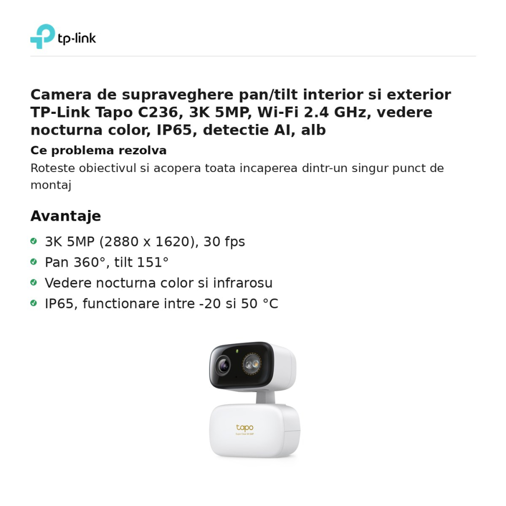 Camera de supraveghere pan/tilt interior si exterior TP-Link Tapo C236, 3K 5MP, Wi-Fi 2.4 GHz, vedere nocturna color, IP65, detectie AI, alb [2]