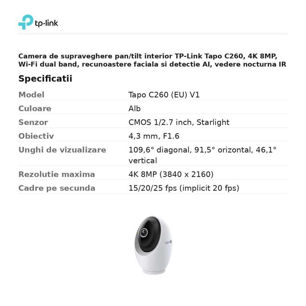 Camera de supraveghere pan/tilt interior TP-Link Tapo C260, 4K 8MP, Wi-Fi dual band, recunoastere faciala si detectie AI, vedere nocturna IR 12 m, mod de confidentialitate fizic, alb [3]