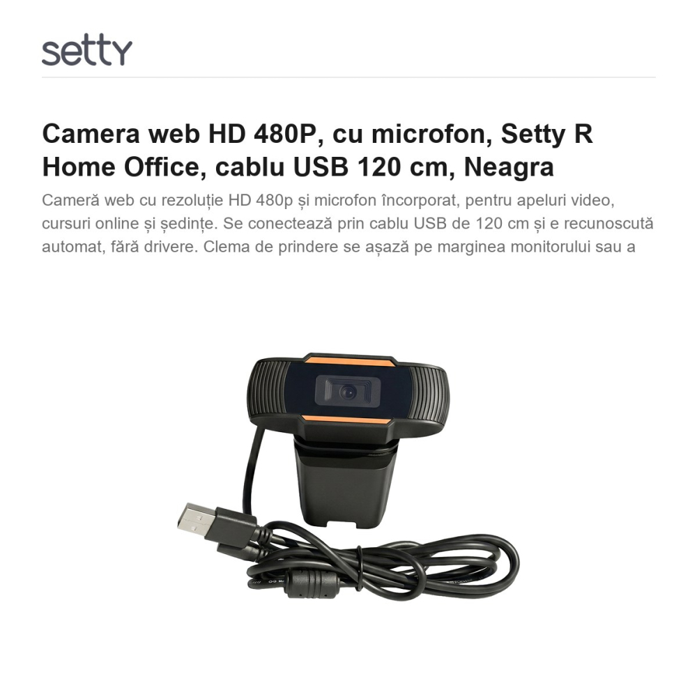 Camera web HD 480P, cu microfon, Setty R Home Office, cablu USB 120 cm, Neagra [2]