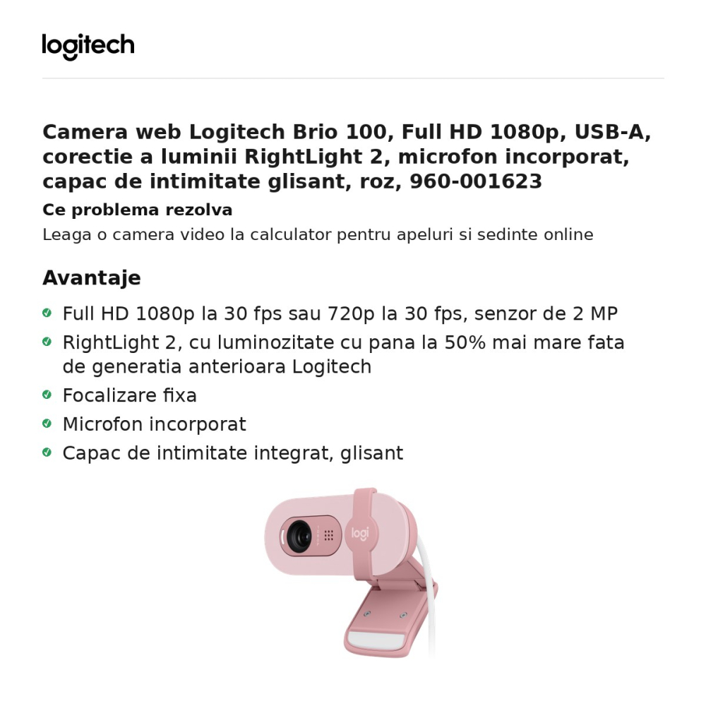 Camera web Logitech Brio 100, Full HD 1080p, USB-A, corectie a luminii RightLight 2, microfon incorporat, capac de intimitate glisant, roz, 960-001623 [2]