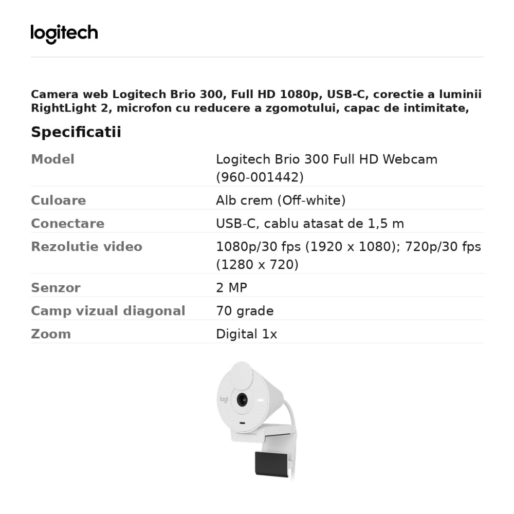 Camera web Logitech Brio 300, Full HD 1080p, USB-C, corectie a luminii RightLight 2, microfon cu reducere a zgomotului, capac de intimitate, alb crem, 960-001442 [3]