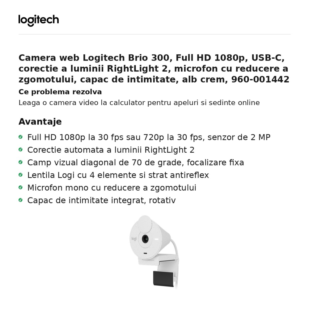Camera web Logitech Brio 300, Full HD 1080p, USB-C, corectie a luminii RightLight 2, microfon cu reducere a zgomotului, capac de intimitate, alb crem, 960-001442 [2]