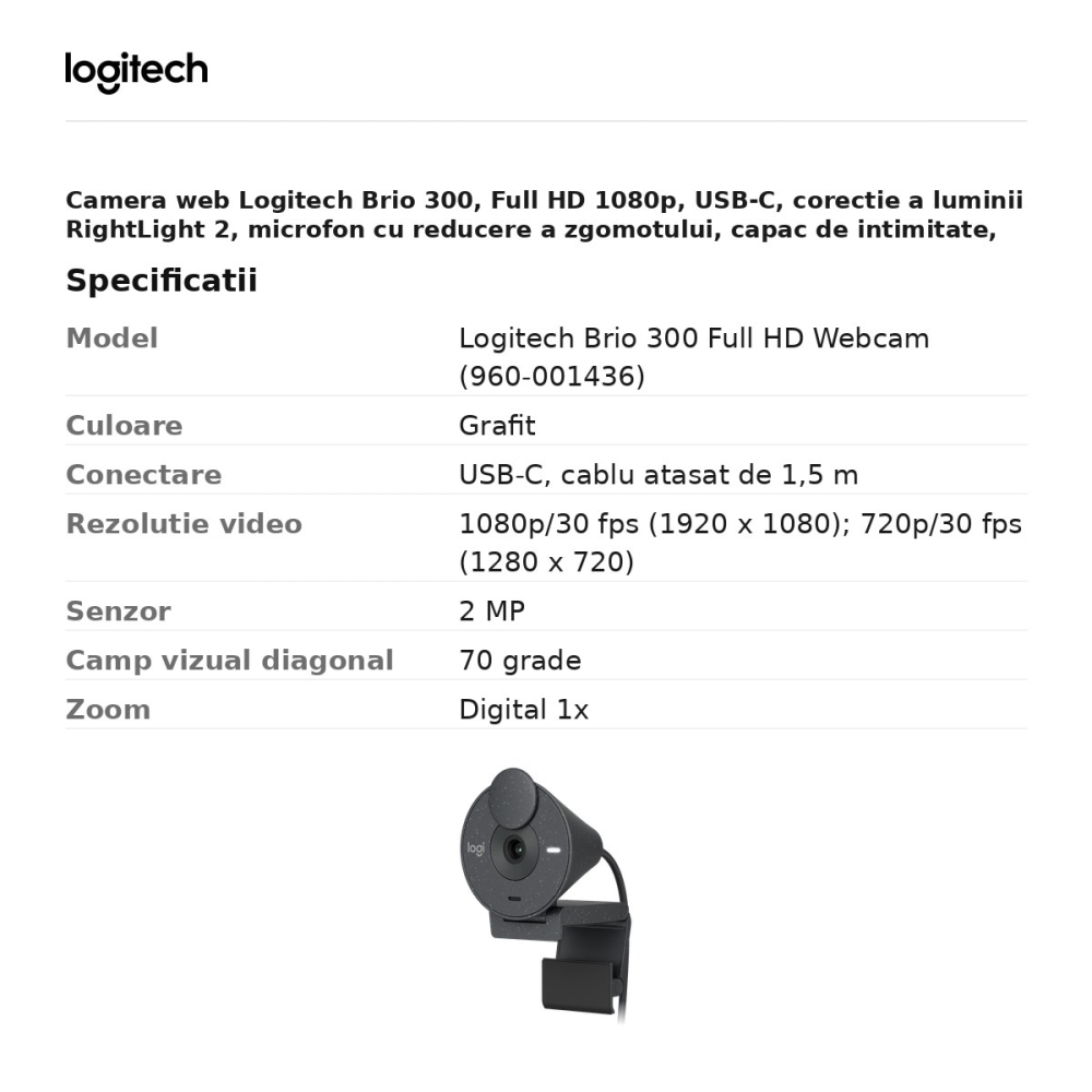 Camera web Logitech Brio 300, Full HD 1080p, USB-C, corectie a luminii RightLight 2, microfon cu reducere a zgomotului, capac de intimitate, grafit, 960-001436 [3]