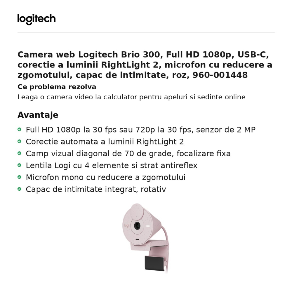 Camera web Logitech Brio 300, Full HD 1080p, USB-C, corectie a luminii RightLight 2, microfon cu reducere a zgomotului, capac de intimitate, roz, 960-001448 [2]