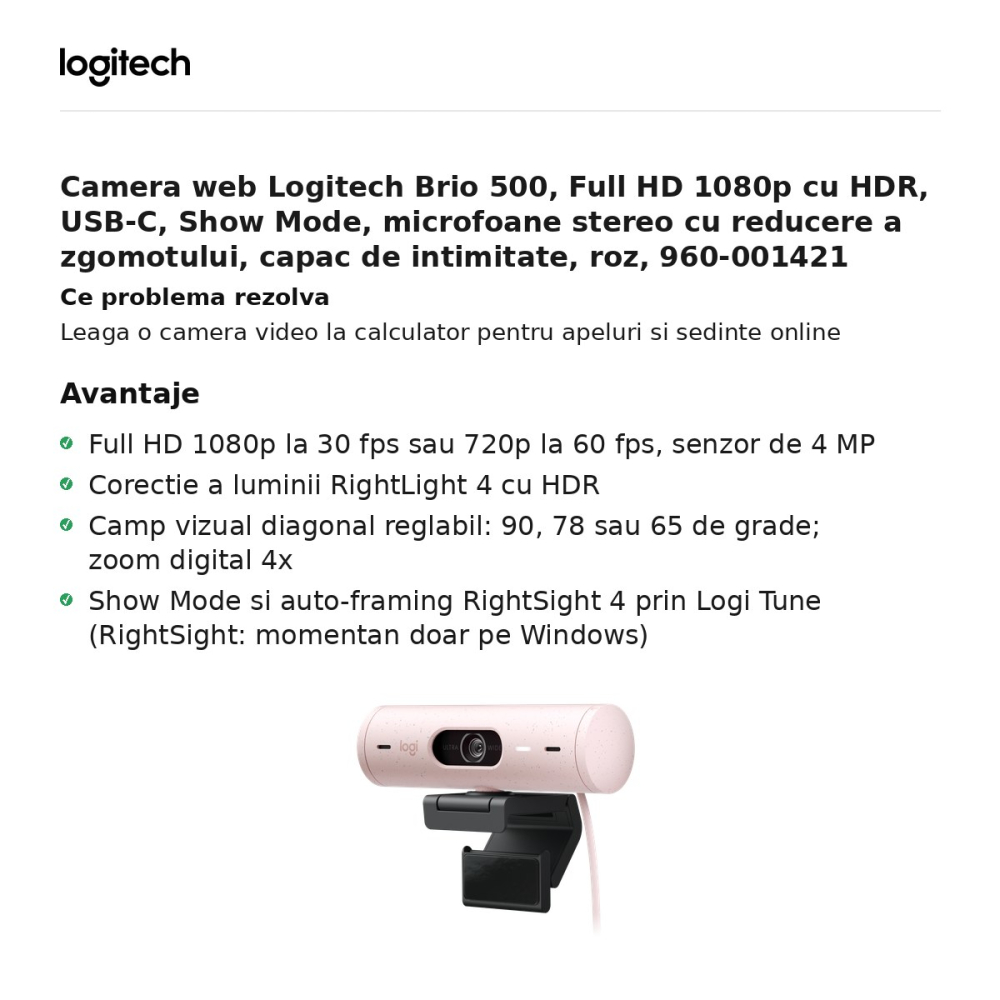 Camera web Logitech Brio 500, Full HD 1080p cu HDR, USB-C, Show-Mode, microfoane stereo cu reducere a zgomotului, capac de intimitate, roz, 960-001421 [2]