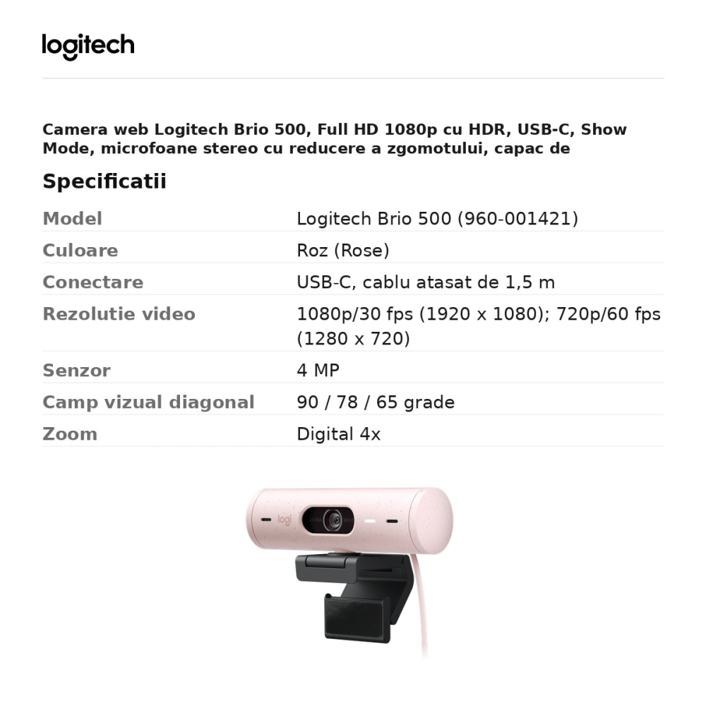 Camera web Logitech Brio 500, Full HD 1080p cu HDR, USB-C, Show-Mode, microfoane stereo cu reducere a zgomotului, capac de intimitate, roz, 960-001421 [3]