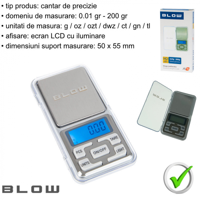 Cantar de precizie, Blow JS11 12072, 0.01gr-200gr, ecran LCD, suprafata suport masurare 50 x 55 mm, argintiu [6]