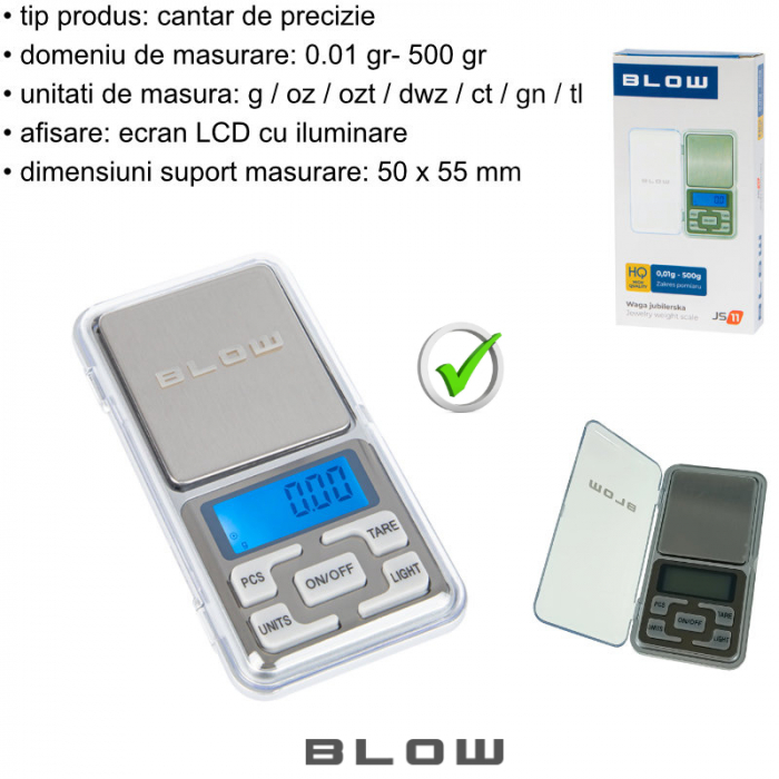 Cantar de precizie, Blow JS11 12073, 0.01gr-500gr, ecran LCD, suprafata suport masurare 50 x 55 mm, argintiu [6]