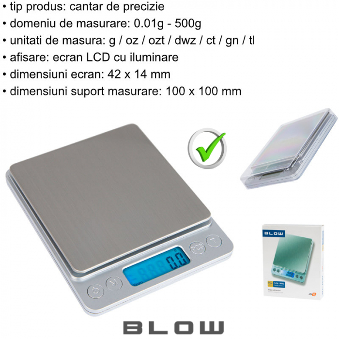 Cantar de precizie, Blow JS13 12077, 0.01g-500g, ecran LCD 42 x 14 mm, suprafata suport masurare 100 x 100 mm, 2 x AAA, argintiu [7]