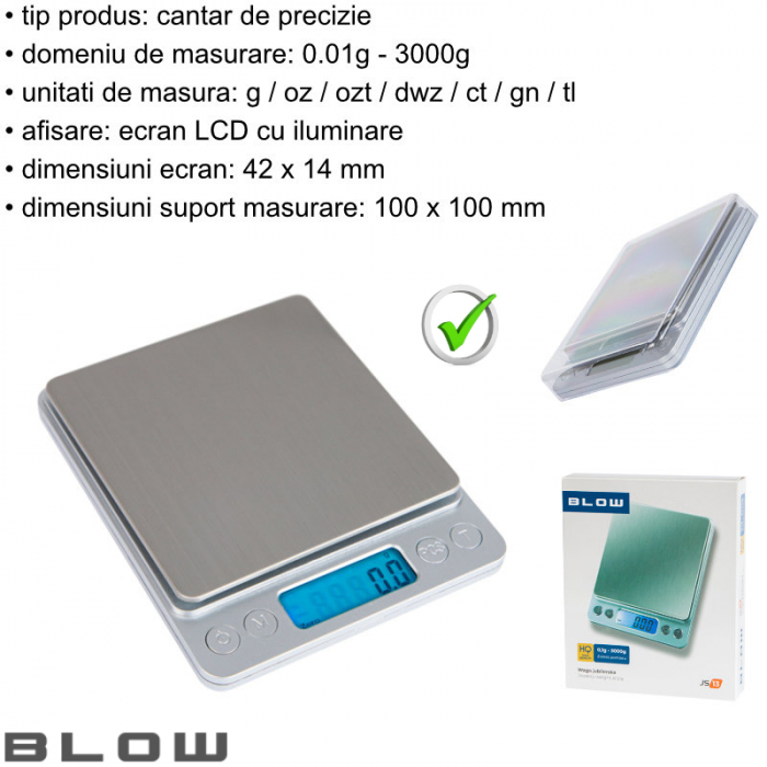 Cantar de precizie, Blow JS13 12078, 0.01gr-3000gr, ecran LCD 42 x 14mm, suprafata suport masurare 100 x 100mm, 2 x AAA, argintiu [7]