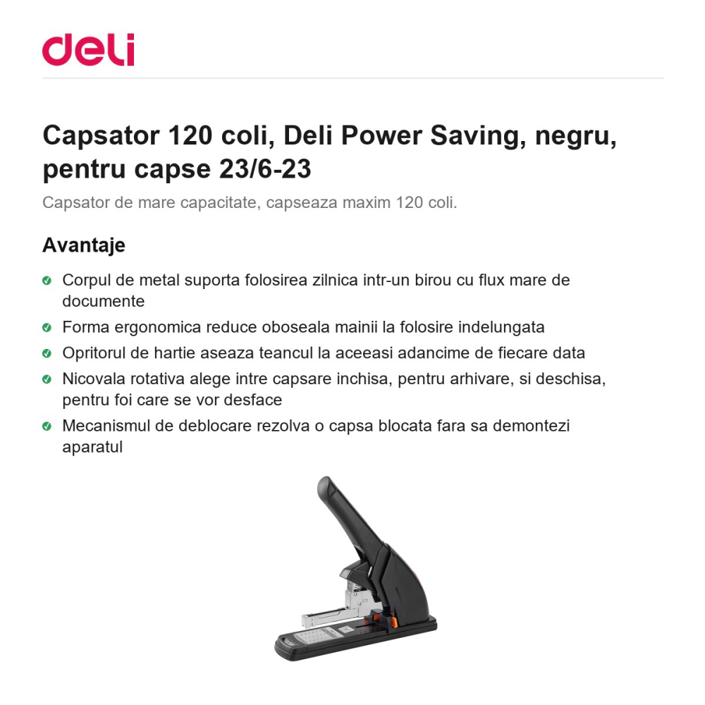 Capsator 120 coli, Deli Power Saving, negru, pentru capse 23/6-23 [2]