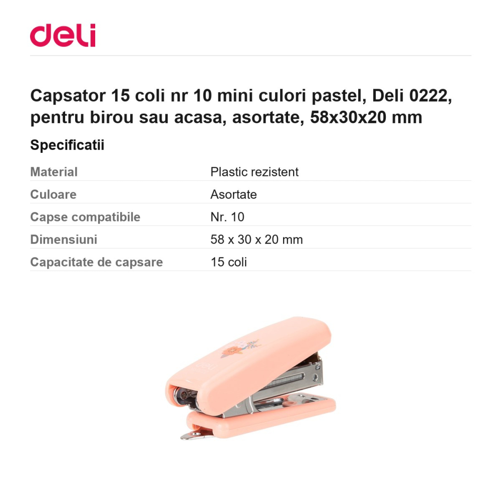 Capsator 15 coli nr 10 mini culori pastel, Deli 0222, pentru birou sau acasa, asortate, 58x30x20 mm [3]