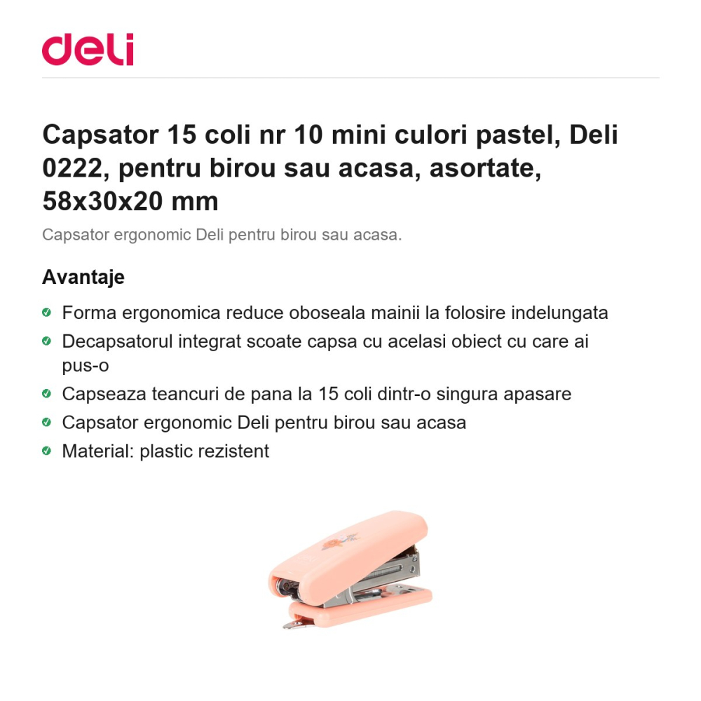 Capsator 15 coli nr 10 mini culori pastel, Deli 0222, pentru birou sau acasa, asortate, 58x30x20 mm [2]