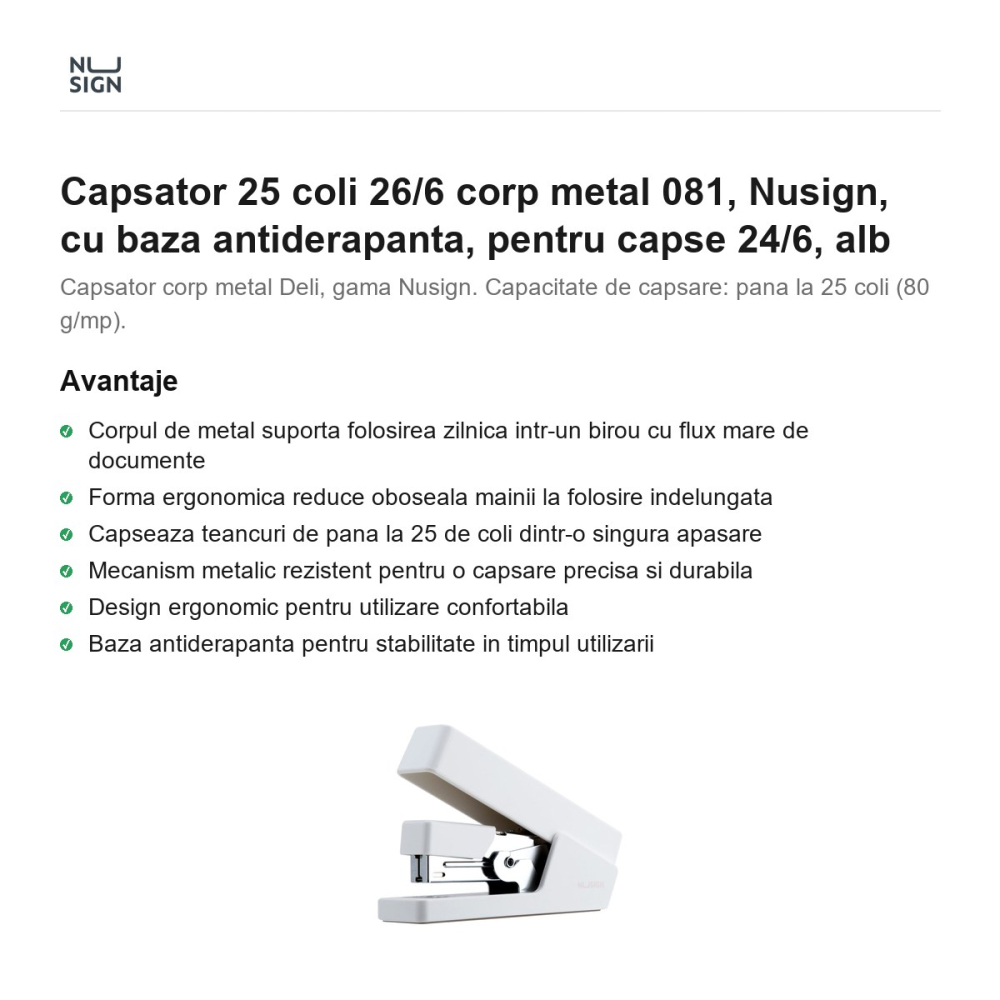 Capsator 25 coli 26/6 corp metal 081, Nusign, cu baza antiderapanta, pentru capse 24/6, alb [2]