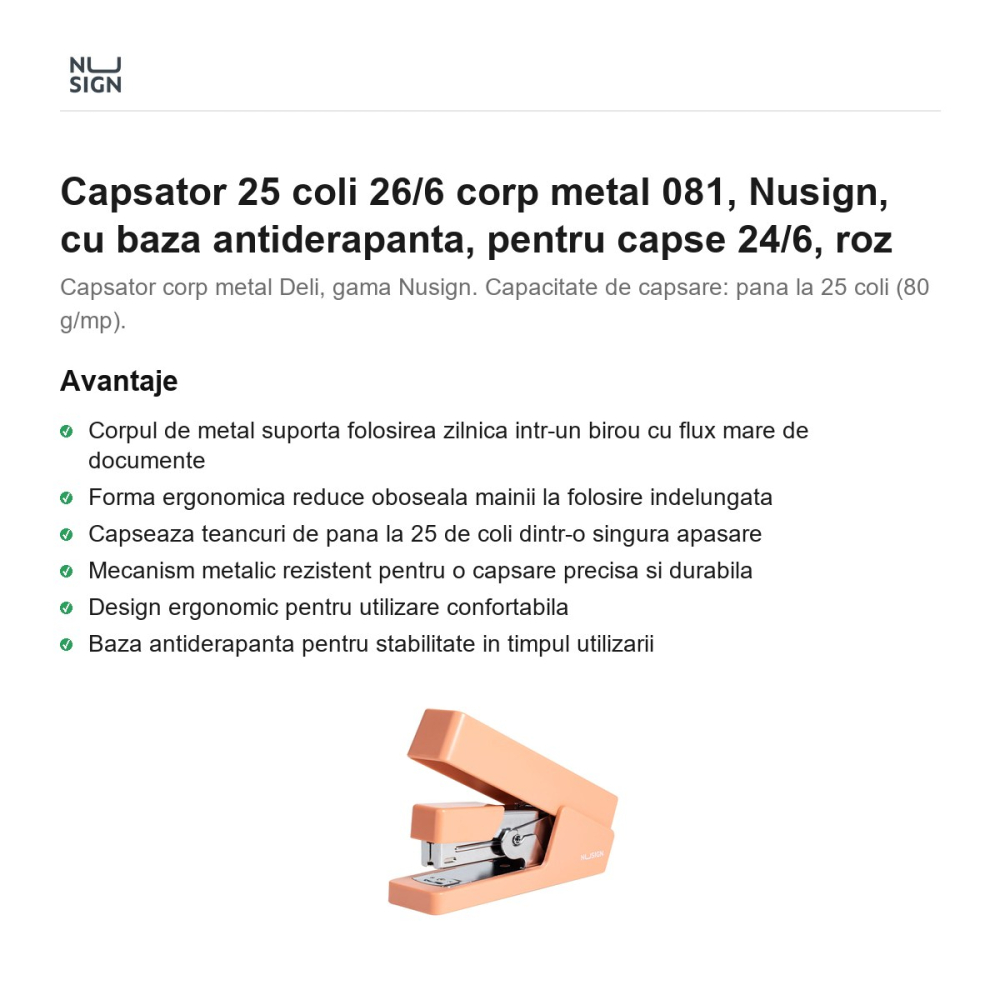 Capsator 25 coli 26/6 corp metal 081, Nusign, cu baza antiderapanta, pentru capse 24/6, roz [2]