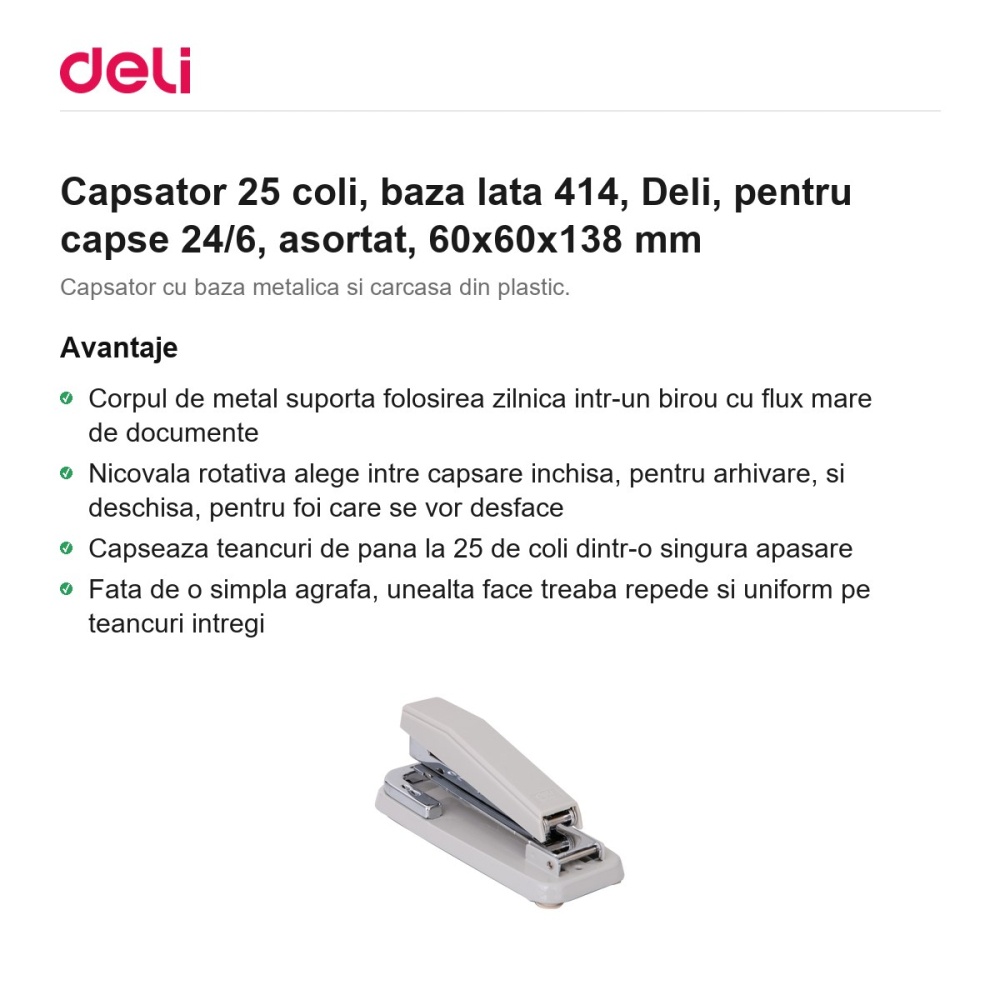Capsator 25 coli, baza lata 414, Deli, pentru capse 24/6, asortat, 60x60x138 mm [2]